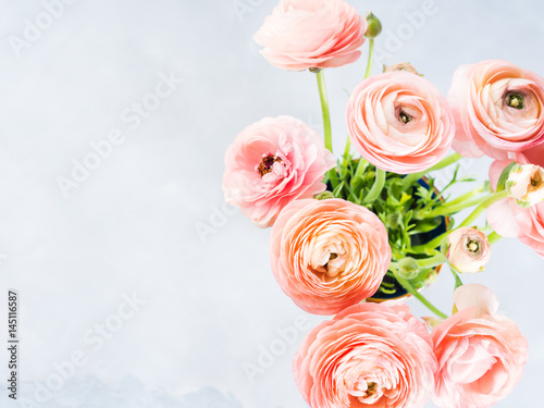 Beautiful pink ranunculus bouquet. Woman mother's day wedding. Holiday elegant bunch of flowers.