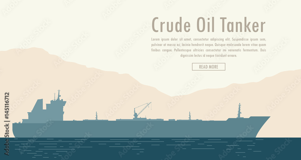 Naklejka premium Oil tanker near the shore with mountain range. Vector illustration