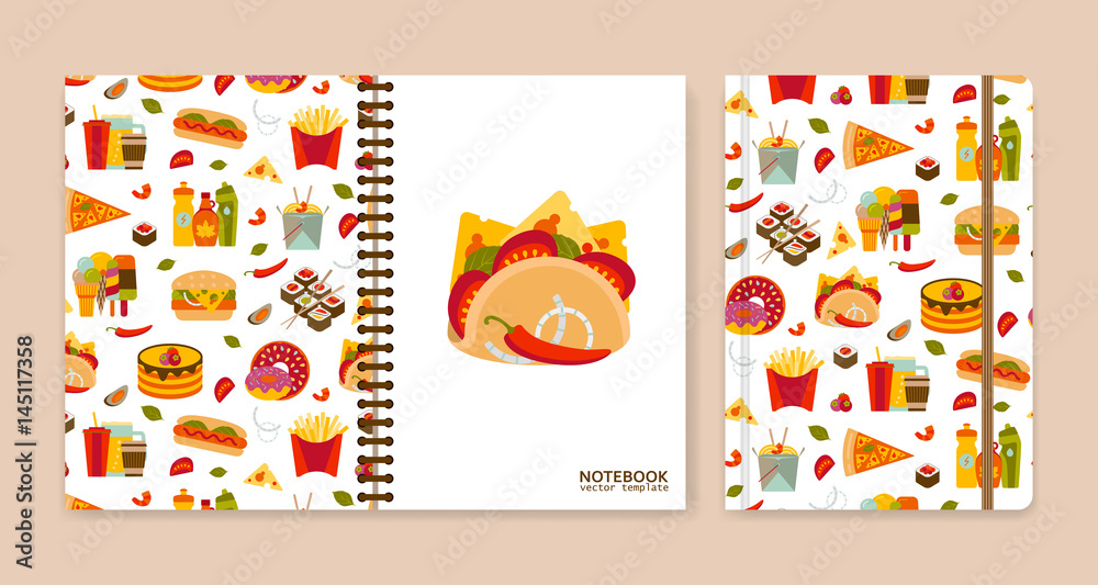 Cover design for notebooks or scrapbooks with fastfood icons