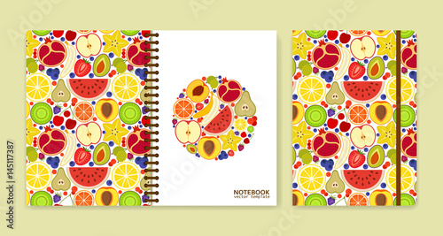Cover design for notebooks or scrapbooks with many fruits