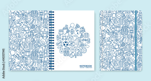 Cover design for notebooks or scrapbooks with sport and recreation line icons