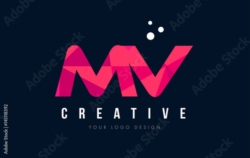 MV M V Letter Logo with Purple Low Poly Pink Triangles Concept