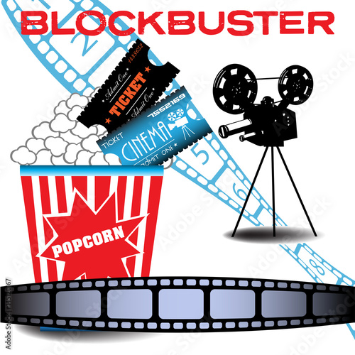 Abstract colorful background with popcorn, cinema tickets, film reel, movie projector and the text blockbuster written in red. Blockbuster movie concept