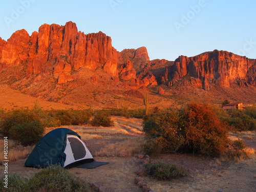 Camping at sunset the Lost Dutchman State park. Tonto National Forest, Arizona © achraca