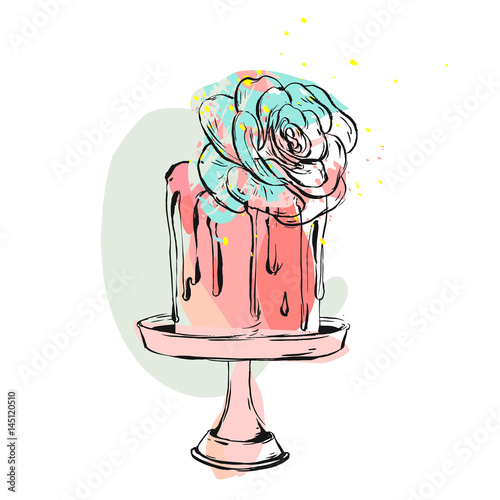 Hand drawn vector cute birthday or wedding collage illustration with cake and succulent flower decoration on cake stand isolated.Design for wedding,birthday,save the date card,birthday,flayer,