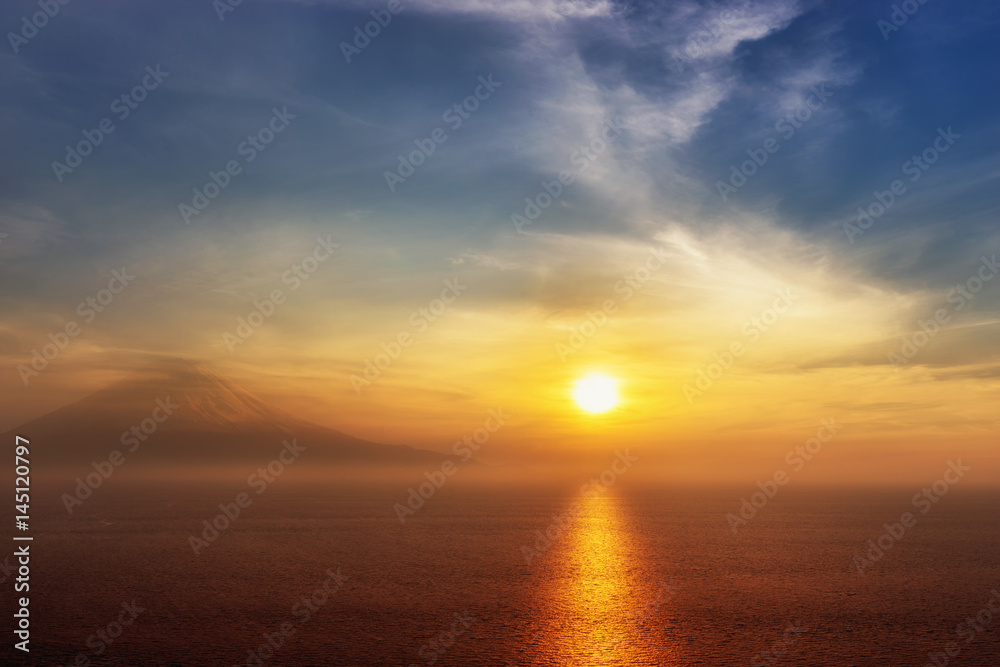 scene of sunset in sea and mountain fuji - can use to display or montage on product
