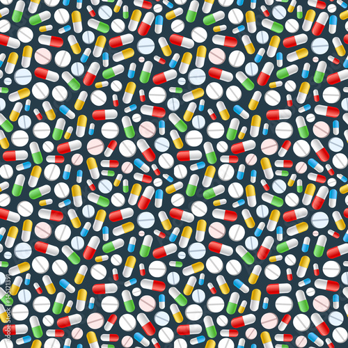 Colourful pills on dark background, seamless pattern