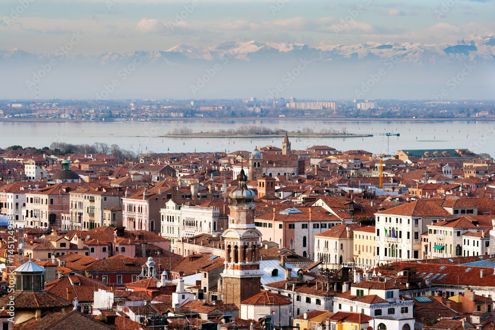 View over Venice and the Italian Alps in the background