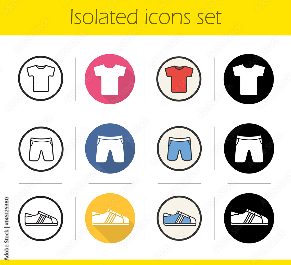 Sport clothes store icons set Sport clothes store icons set