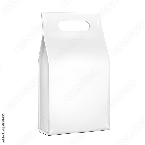 White Plastic, Foil Paper Food Bag Package Of Coffee, Spices Or Flour. Grayscale. Illustration Isolated On White Background Handle. Mock Up Template Ready For Your Design. Product Packing Vector EPS10
