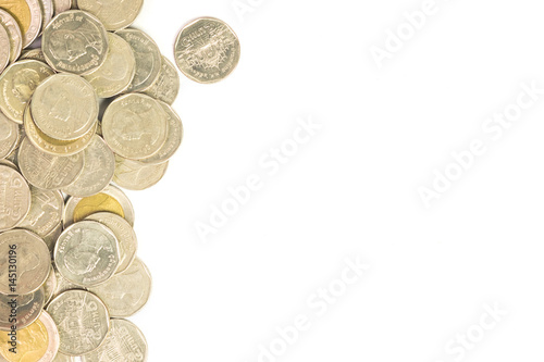 Coins isolated on white scene, concept of savings, blank space Enter text