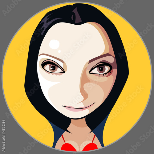 cartoon girl face brunette on the background of a yellow circle