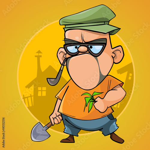 cartoon puzzled man cottager with a shovel and a sapling