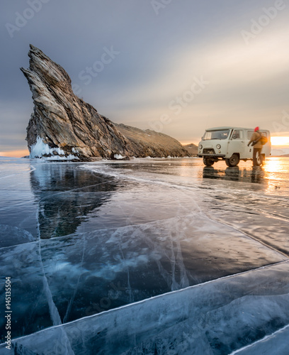 Frozen Lake Baikal near Ogoy island, Russia