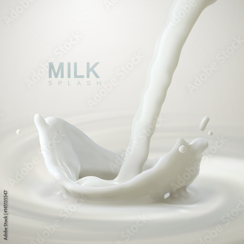 Pouring milk crown splash on swirling whirlpool creamy background.