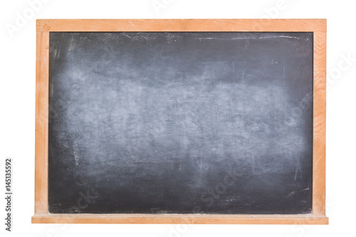 Empty black chalkboard with a wooden frame isolated on white