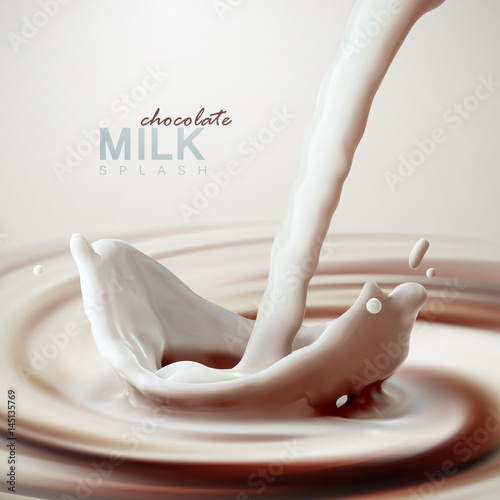 Pouring chocolate milk crown splash on swirling whirlpool creamy background.