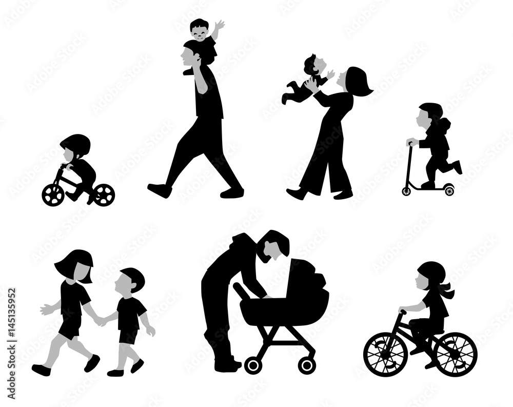 A vector illustration of families, adults, children and baby in outdoors. People on the street in different activity situation - walking, cycling isolated on white background. Character set.