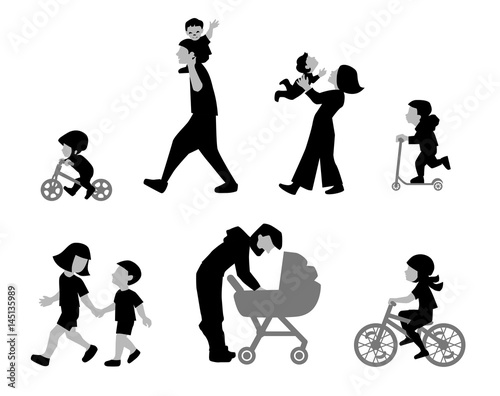 A vector illustration of families, adults, children and baby in outdoors. People on the street in different activity situation - walking, cycling isolated on white background. Character set.
