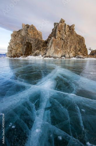 Frozen Lake Baikal at Shamanka rock, Russia