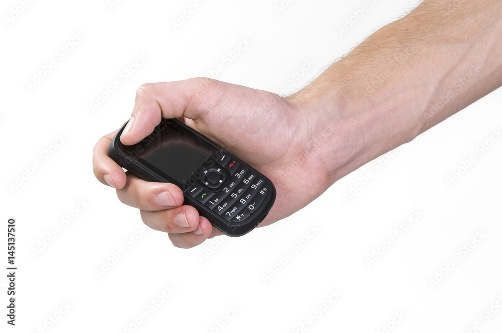 Male holding a disposable cell phone in his hand isolated on white Male holding a disposable cell phone in his hand isolated on white