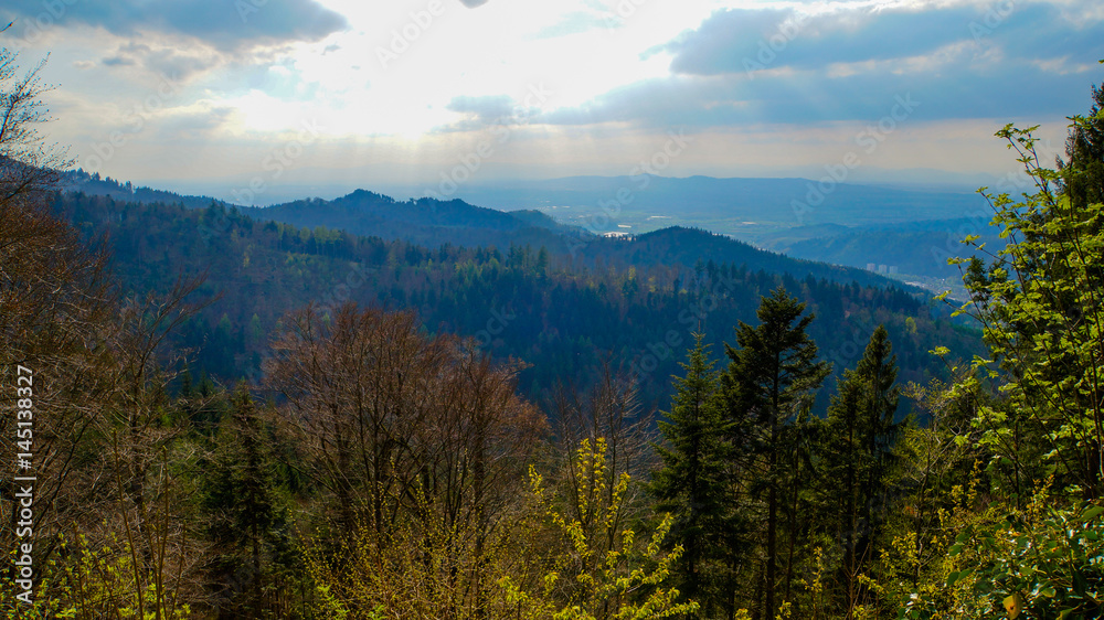 View down into the valley of Freiburg im Breisgau in the Black Forest from Kandel Mountain at springtime