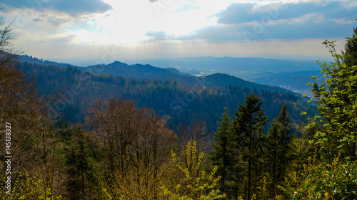 View down into the valley of Freiburg im Breisgau in the Black Forest from Kandel Mountain at springtime