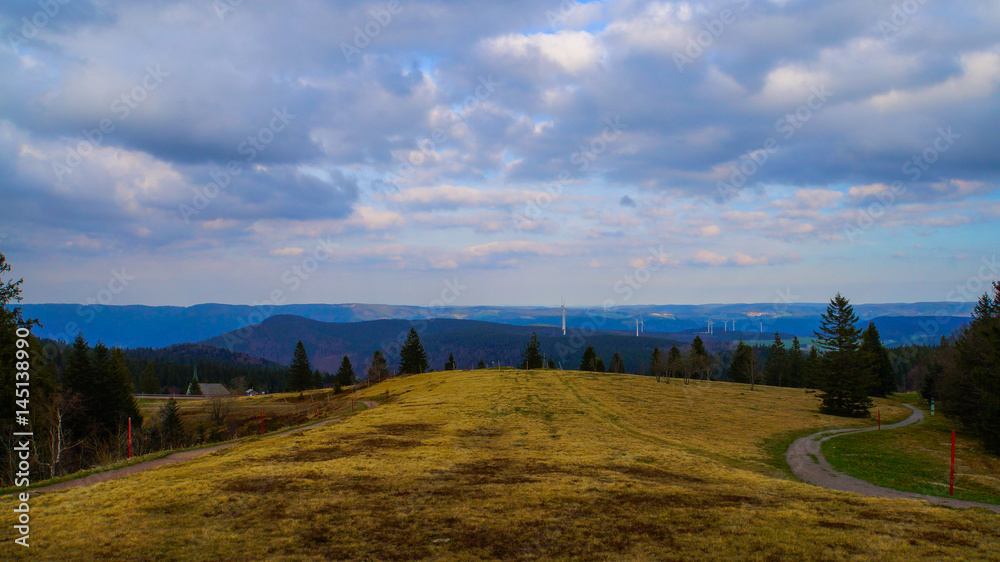 Wind Engines and green meadows on Kandel Mountain in the Black Forest near Freiburg at springtime