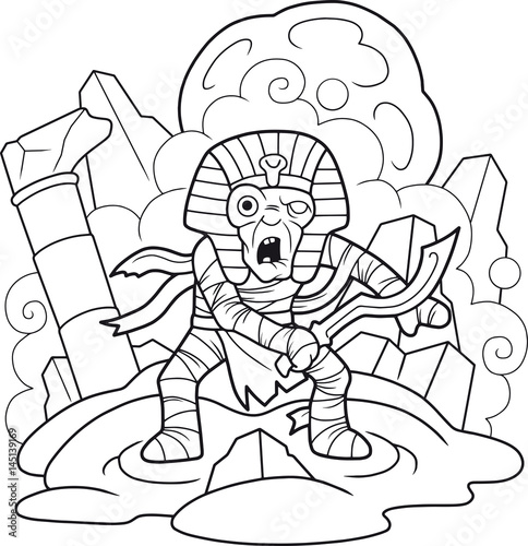 cartoon terrible mummy with a sword in his hand