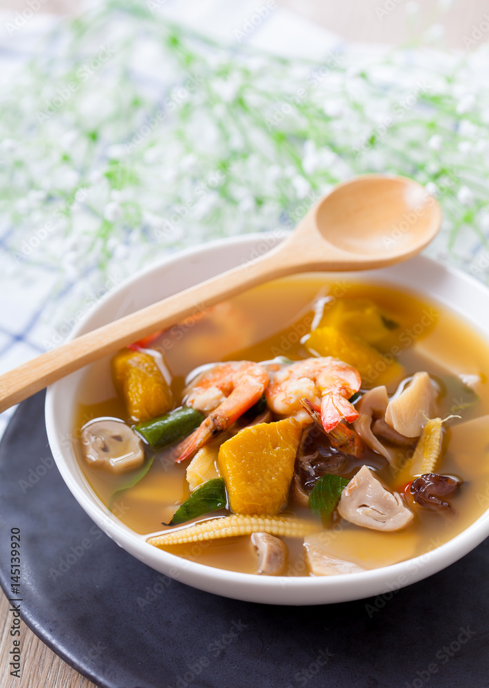Thai Spicy Mixed Vegetable Soup with Prawns, Kang Liang Goong Sod, Traditional Thai food, selective focus Thai Spicy Mixed Vegetable Soup with Prawns, Kang Liang Goong Sod, Traditional Thai food, selective focus