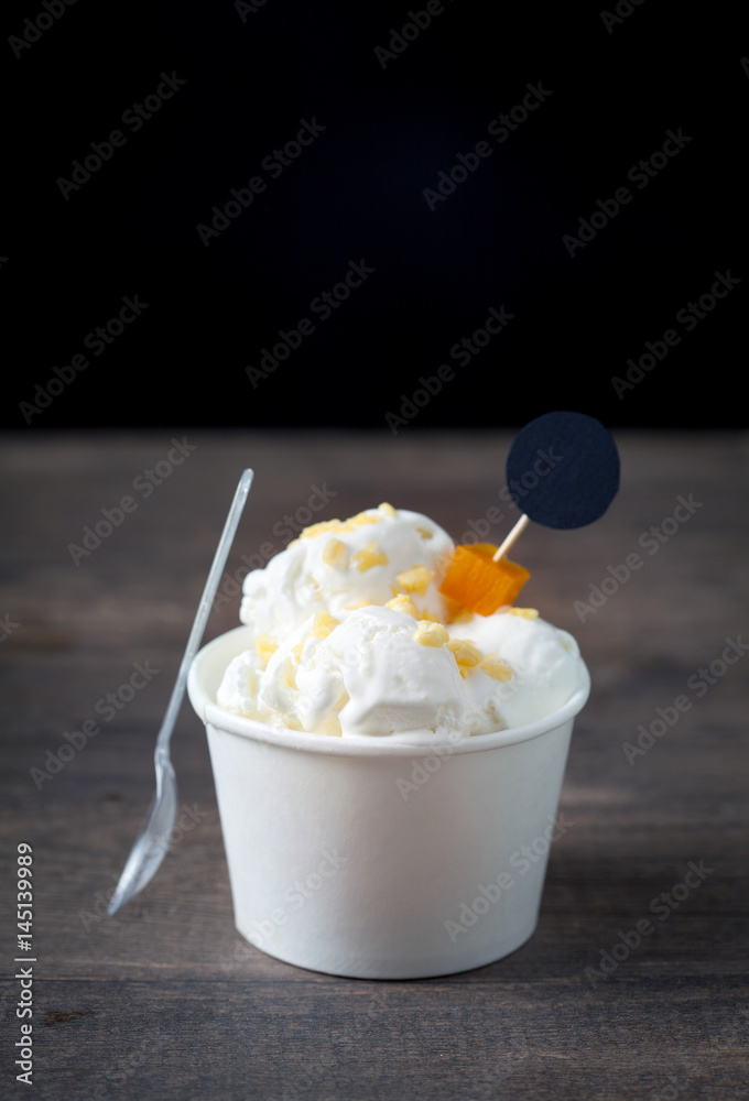 Coconut ice cream in bowl, Dessert and sweets, selective focus