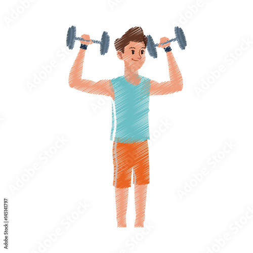 young man lifting weights sport icon image vector illustration design sketch style