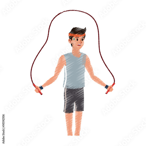 young tired man jumping rope sport icon image vector illustration design  sketch style