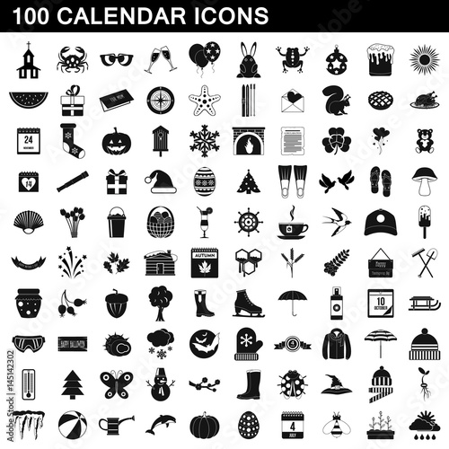 100 calendar icons set, simple style