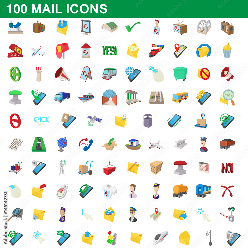 100 mail icons set, cartoon style 100 mail icons set, cartoon style
