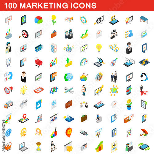 100 marketing icons set, isometric 3d style