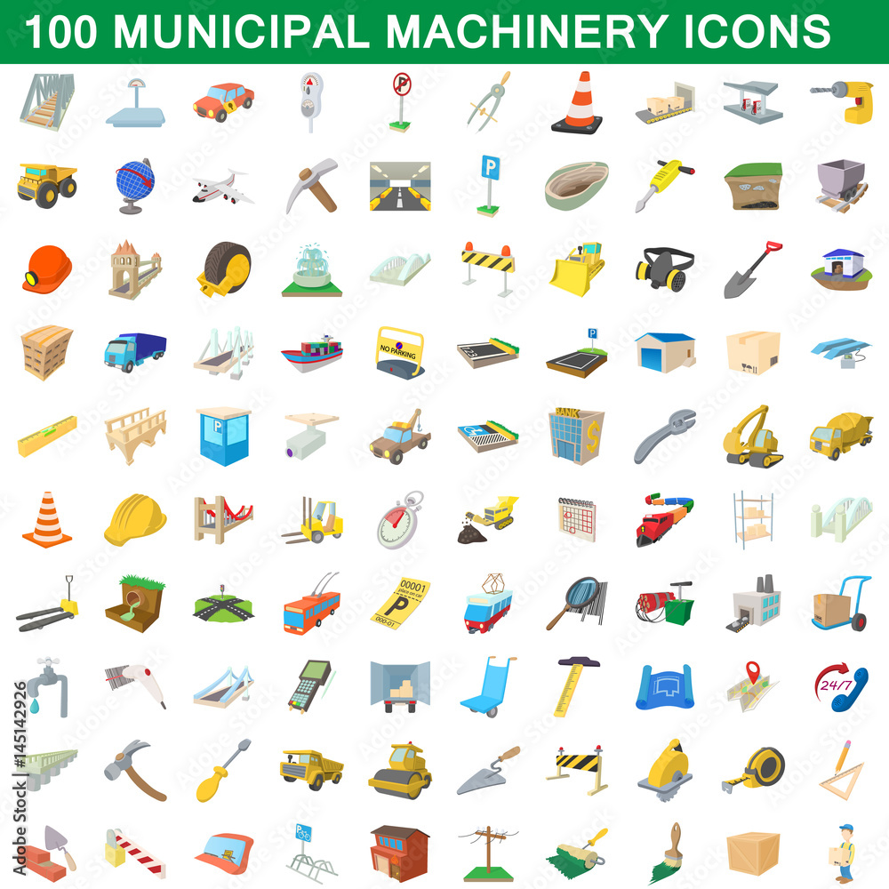 100 municipal machinery icons set, cartoon style