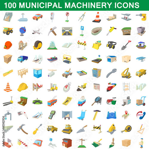 100 municipal machinery icons set, cartoon style