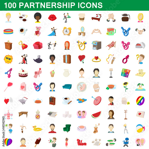 100 partnership icons set, cartoon style