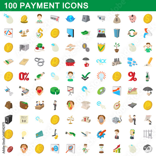 100 payment icons set, cartoon style