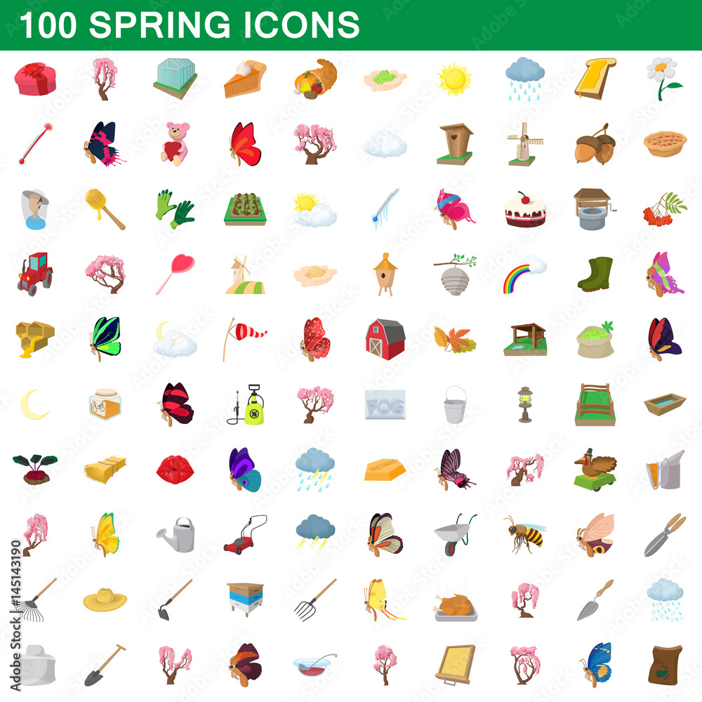 100 spring icons set, cartoon style 100 spring icons set, cartoon style