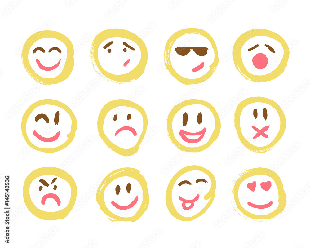 Set of Emoticons. Set of Emoji. Isolated vector illustration on white background. Collection of unique hand drawn symbols. Set of Emoticons. Set of Emoji. Isolated vector illustration on white background. Collection of unique hand drawn symbols.