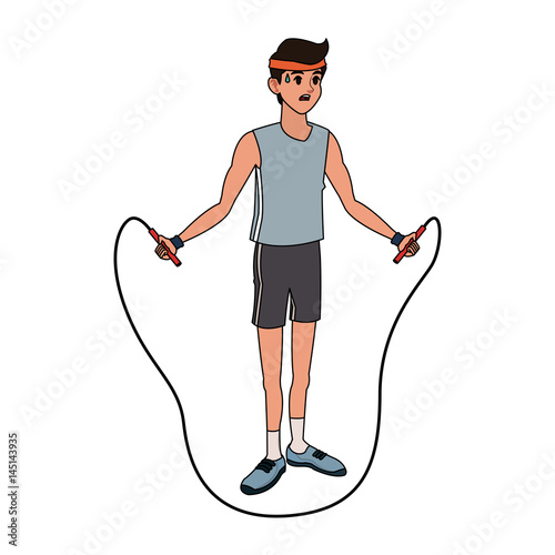young tired man jumping rope sport icon image vector illustration design 