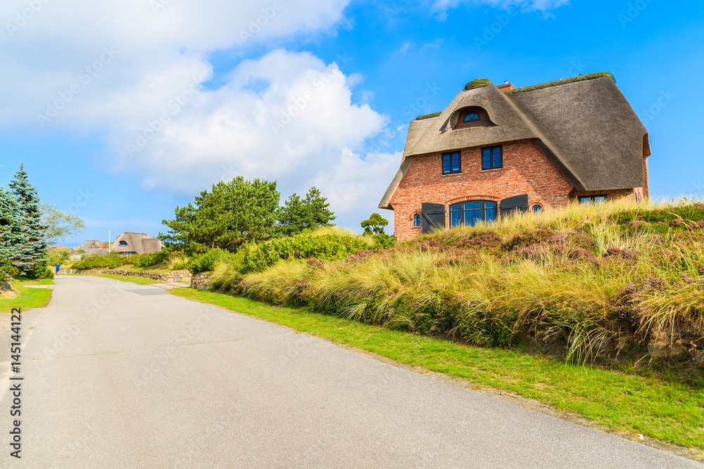 Obraz premium Road in Westerheide village with typical house on side, Sylt island, Germany