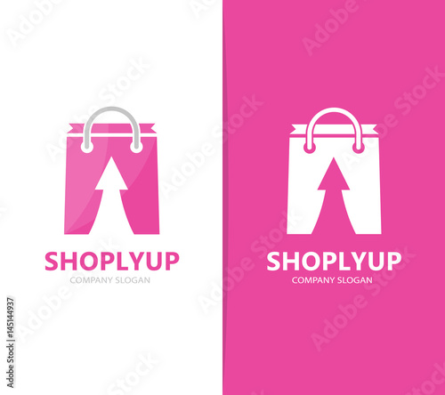 Vector of shop and arrow up logo combination. Sale and growth symbol or icon. Unique bag and online logotype design template.