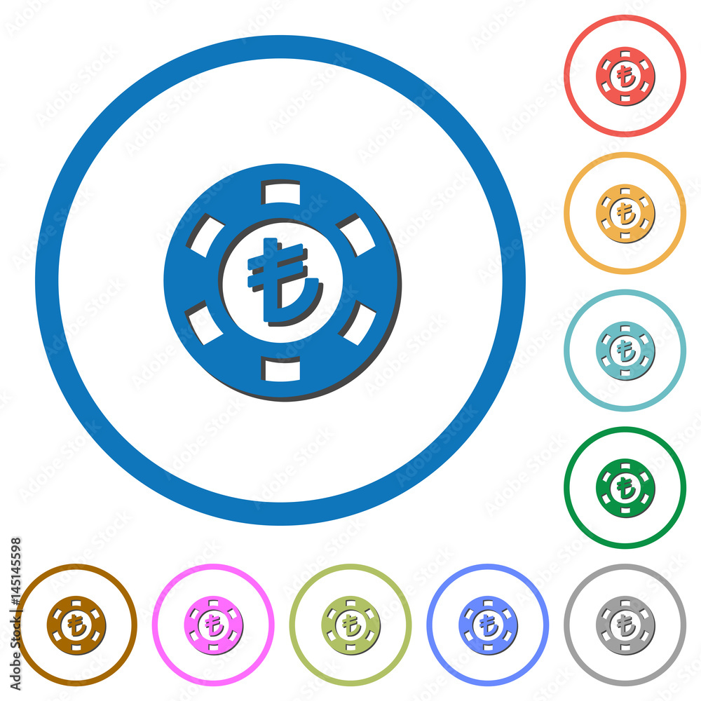 Turkish Lira casino chip icons with shadows and outlines Turkish Lira casino chip icons with shadows and outlines