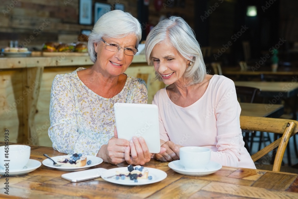 Two senior women using digital tablet Two senior women using digital tablet