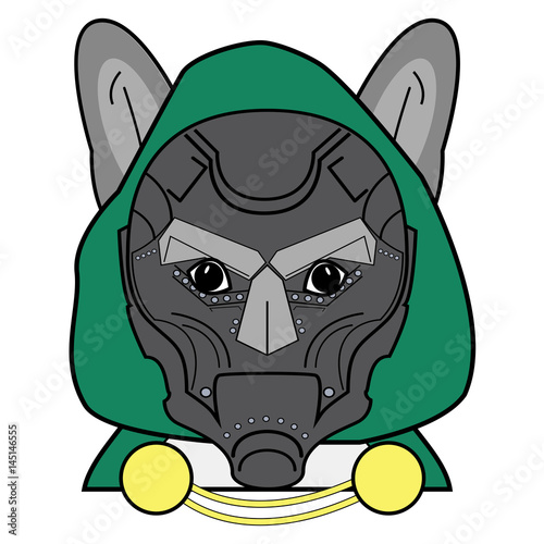 Villain symbol with hood, metal mask  and cape  witch chains , in green, yellow, and gray as French bulldog character 
