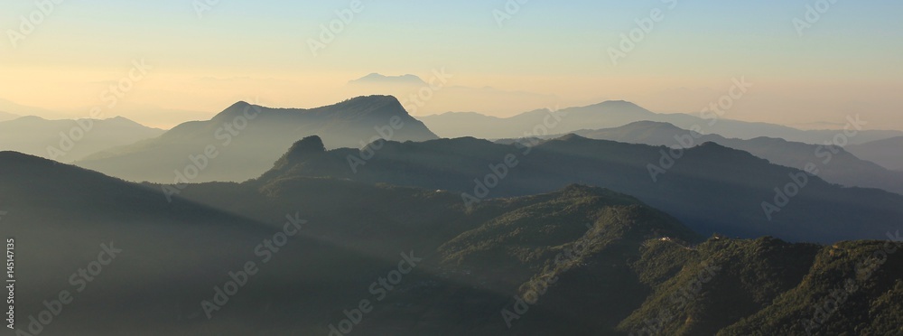 Hills and valleys seen from Ghale Gaun at sunrise. Annapurna Conservartion Area, Nepal.