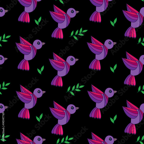 Simply seamless pattern with colorful birds and green leaves on the black background